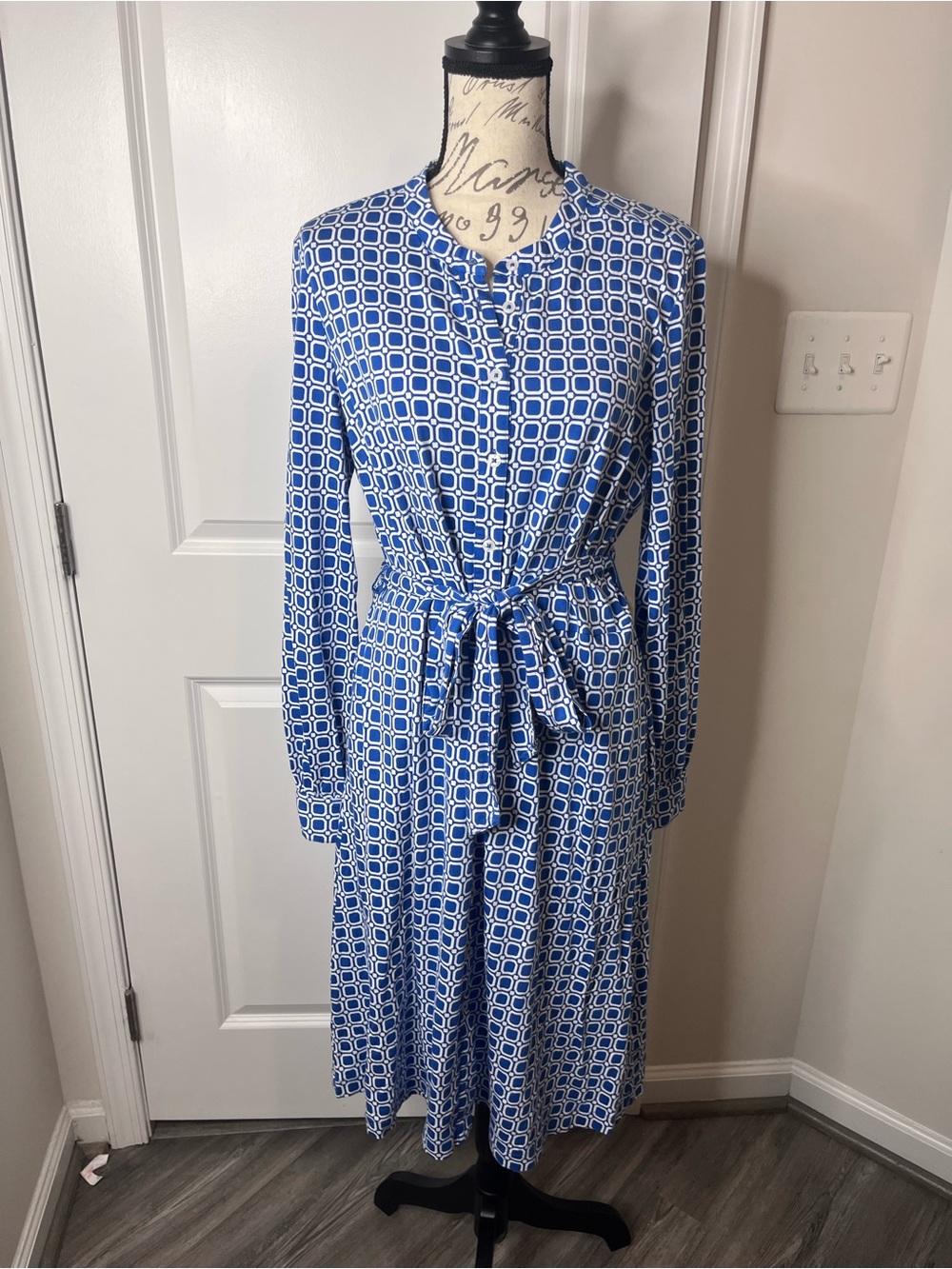Boden Blue and White Geometric Long-Sleeve Tie-Waist Dress